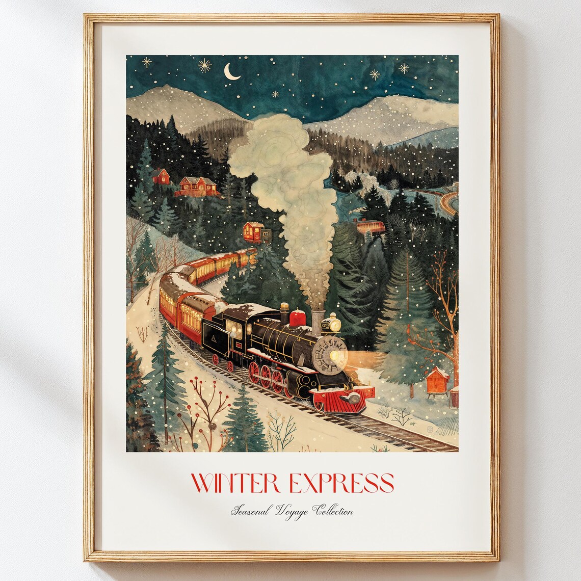 Winter Express Steam Train Snowy Mountain Night Journey Poster