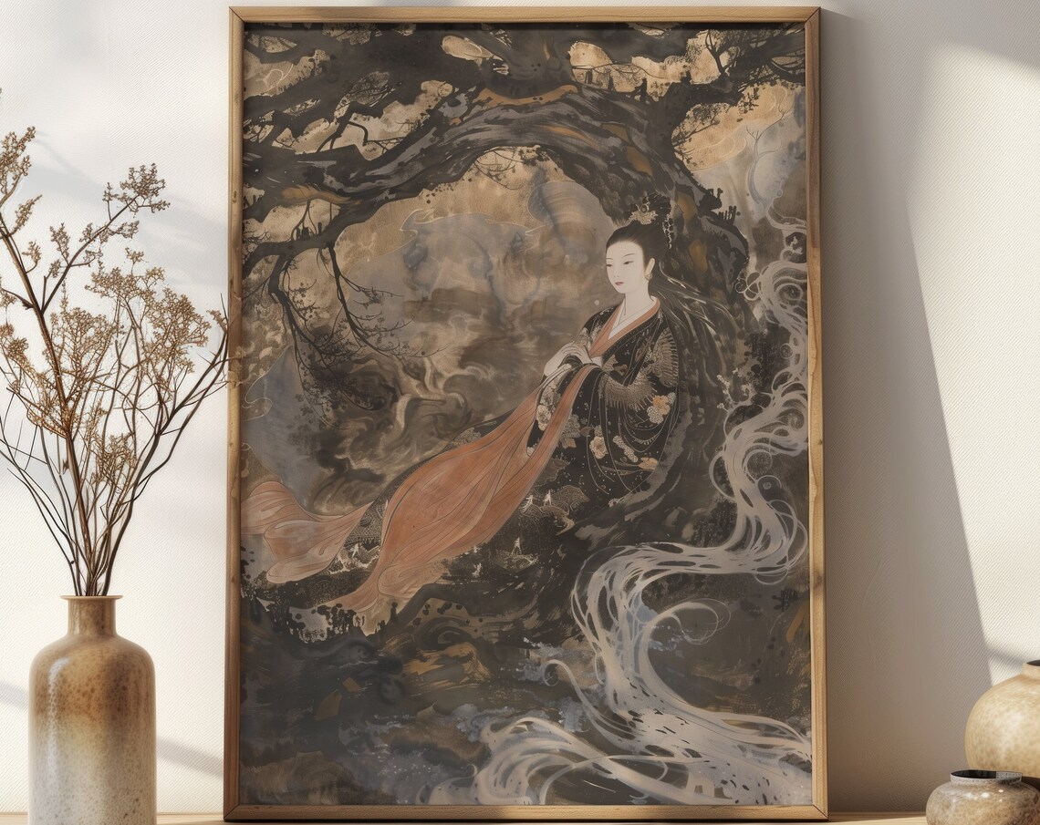 Kimono Woman Under Ancient Tree Sepia Ink Wash Japanese Poster