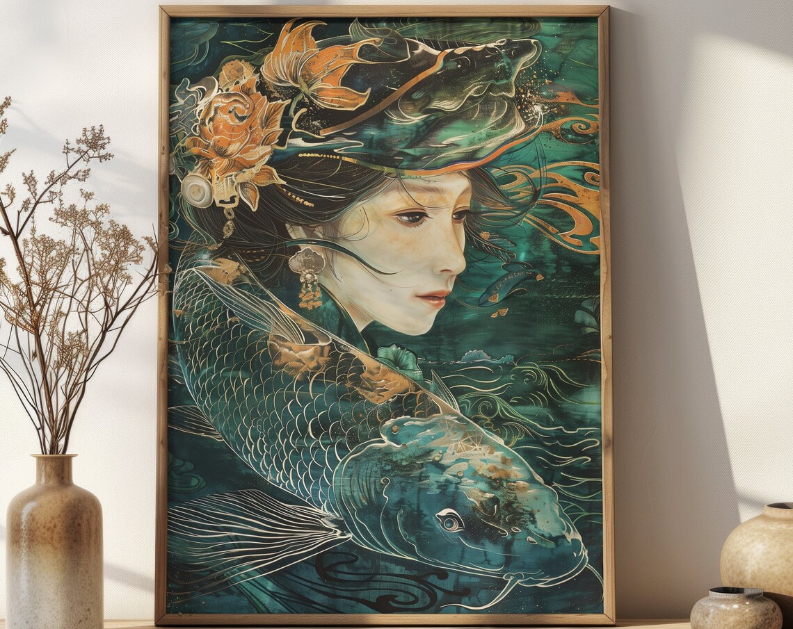 Geisha And Koi Fish Surreal Teal Gold Japanese Style Art Poster