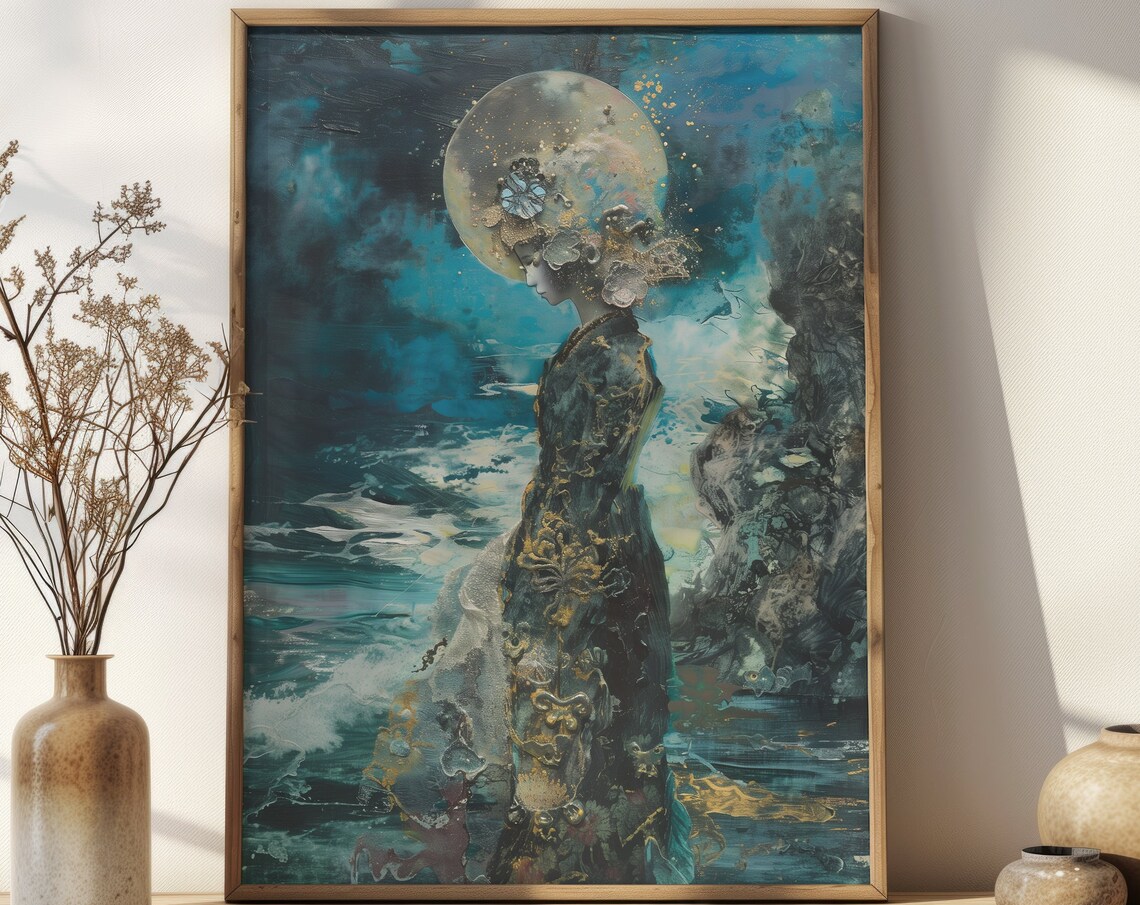 Moon Halo Woman In The Sea Abstract Japanese Fantasy Art Poster