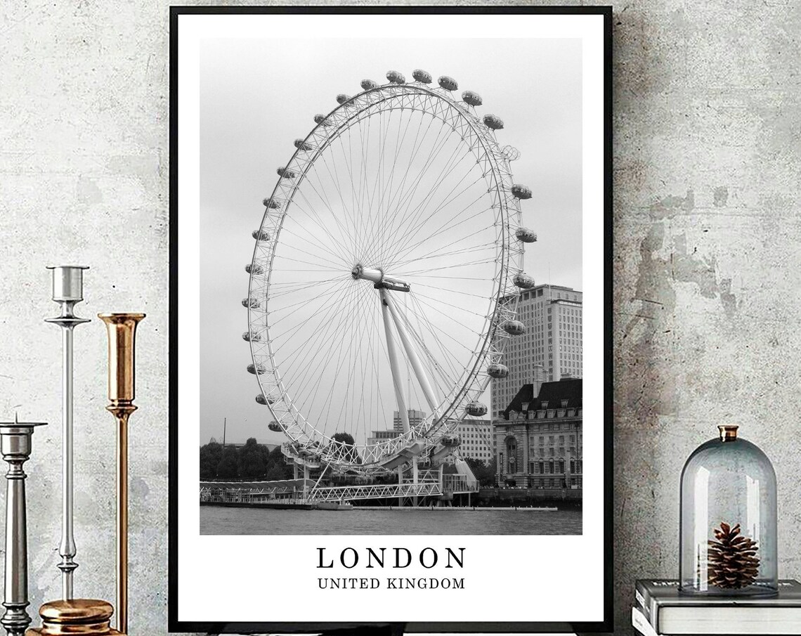 London Eye Thames Riverside Ferris Wheel Black White Photo Poster