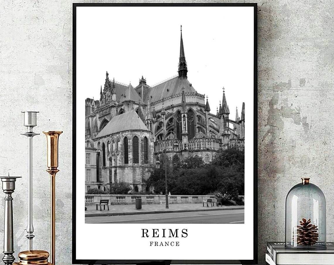 Reims France Gothic Cathedral Apse Black And White Travel Poster