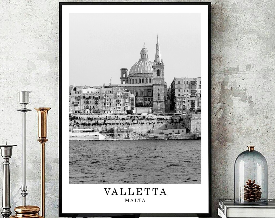 Valletta Malta Grand Harbour Basilica Dome Black White Photo Poster