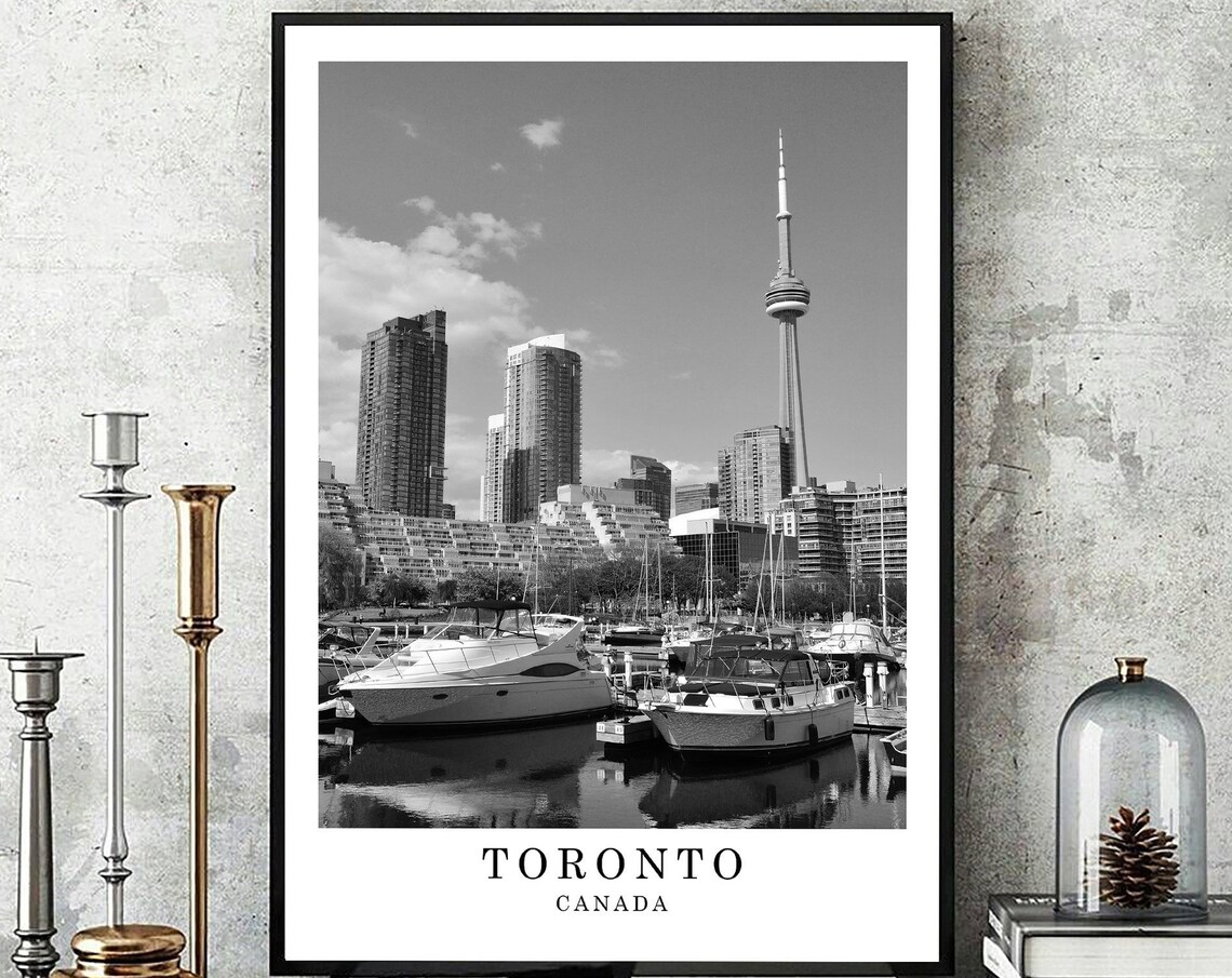Toronto Harbour Marina CN Tower Skyline Black White Photo Poster
