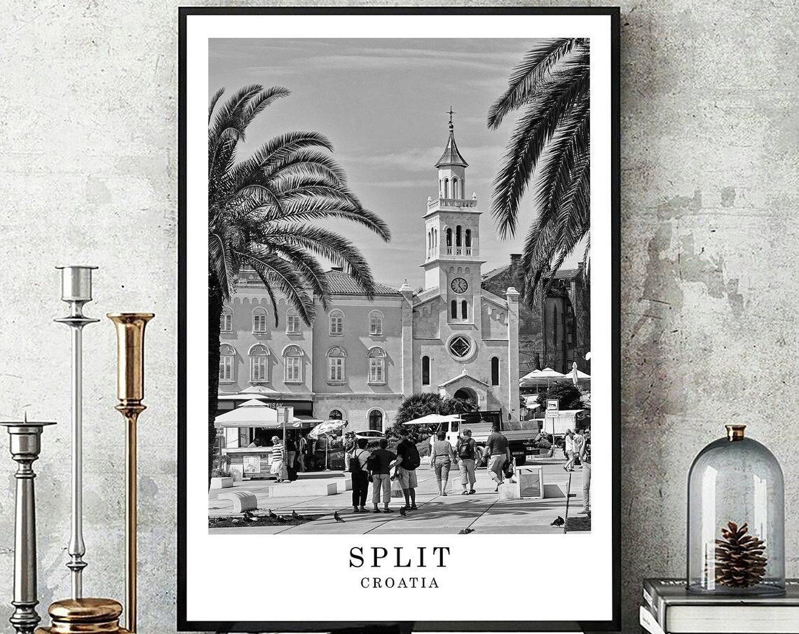 Split Croatia Church Square and Palm Trees Black White Travel Poster