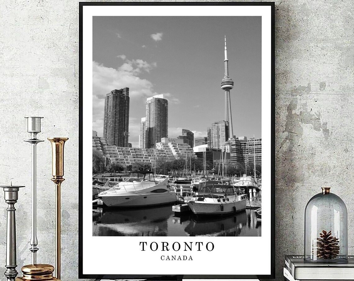 Toronto Canada Harbor and CN Tower Black and White Photo Travel Poster