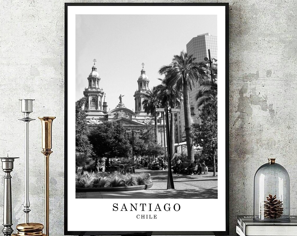 Santiago Chile Cathedral and Palm Plaza Black and White Travel Poster