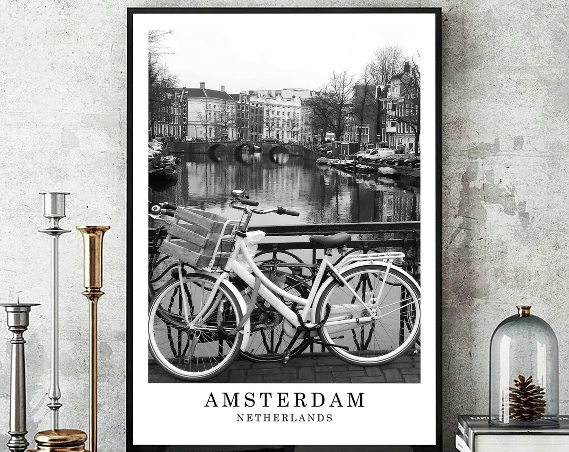 Amsterdam Canal Bicycles Black And White Minimalist Travel Poster