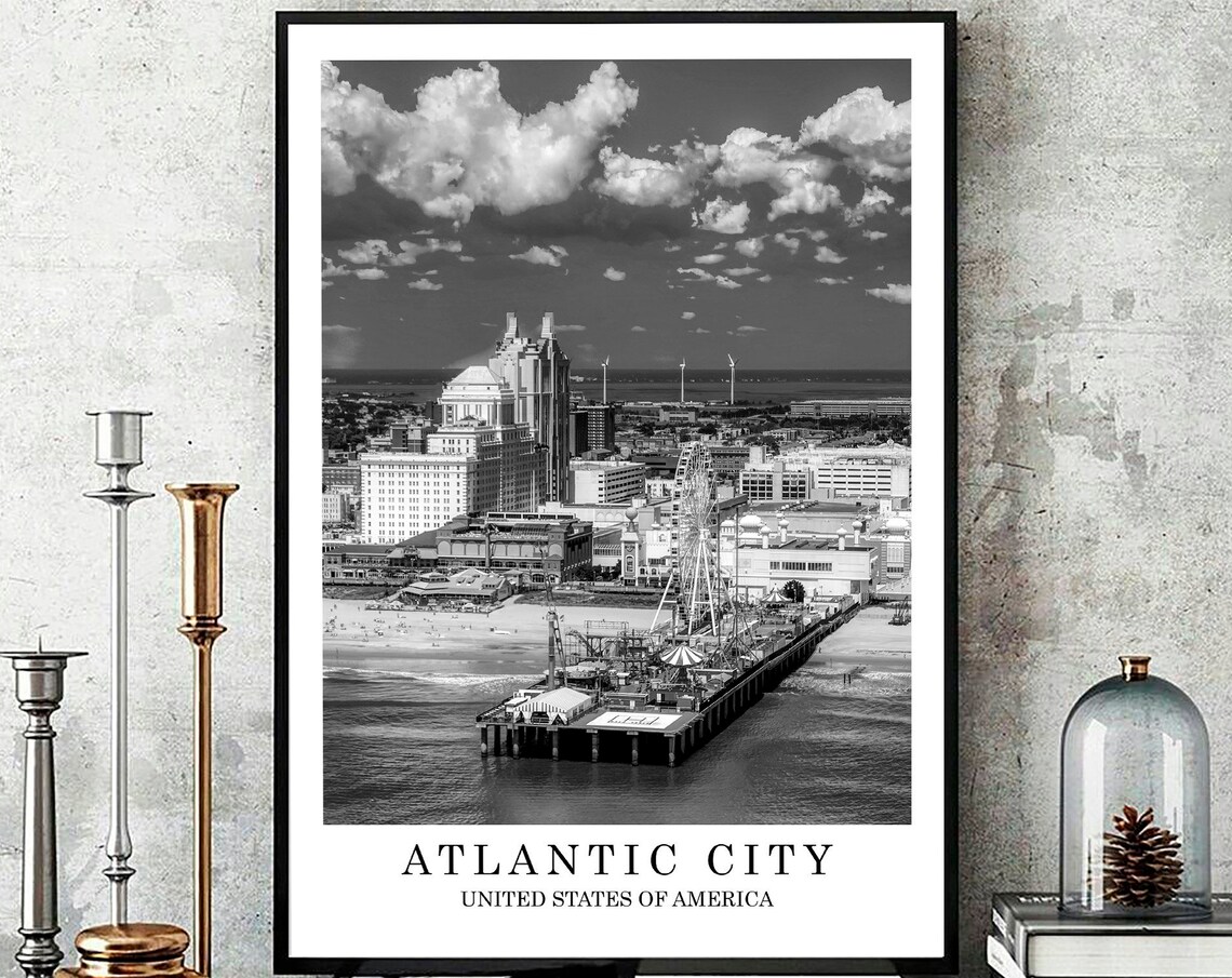 Atlantic City Steel Pier Ferris Wheel Beach Black White Photo Poster
