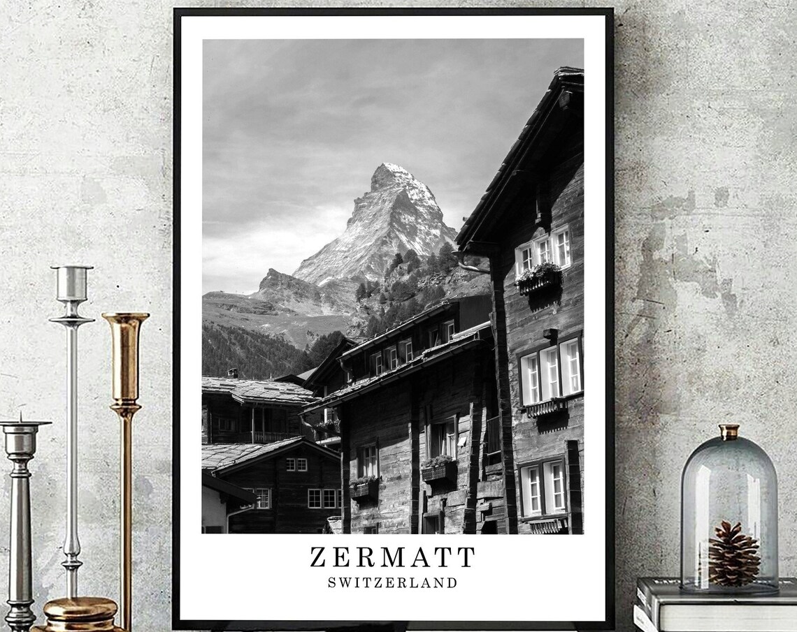 Zermatt Matterhorn Chalet Village Black And White Travel Poster