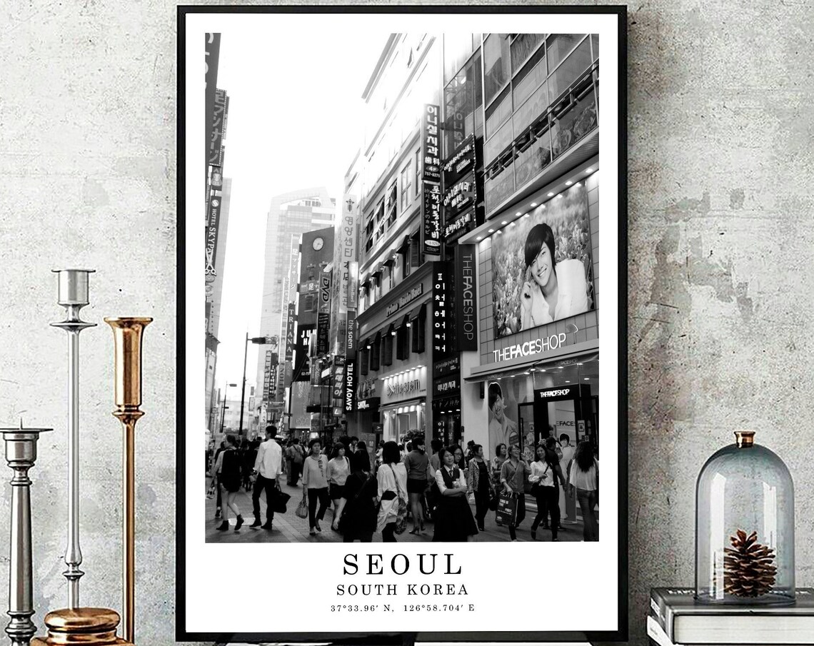 Seoul South Korea Myeongdong Shopping Street Black White Photo Poster