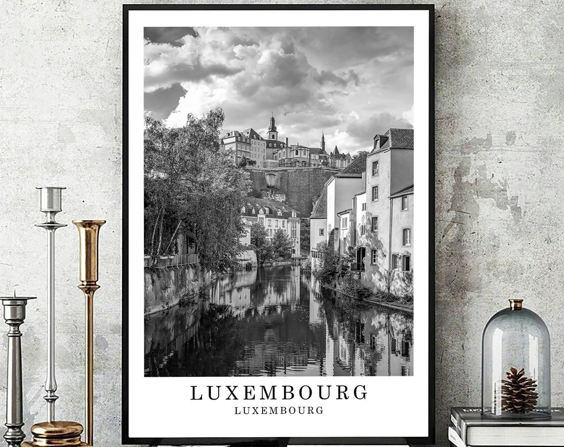 Luxembourg City Old Town River Valley Black White Photo Poster