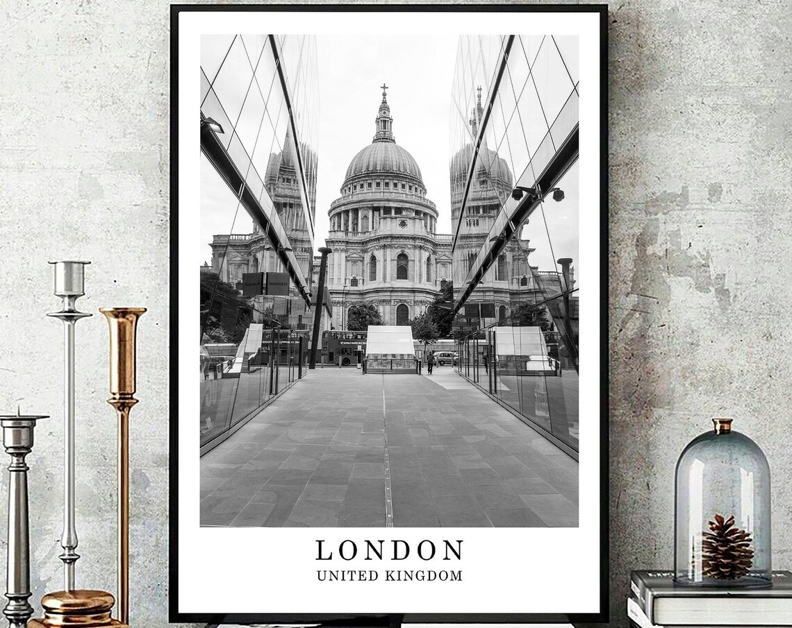 London St Pauls Cathedral Millennium Bridge Black White Photo Poster