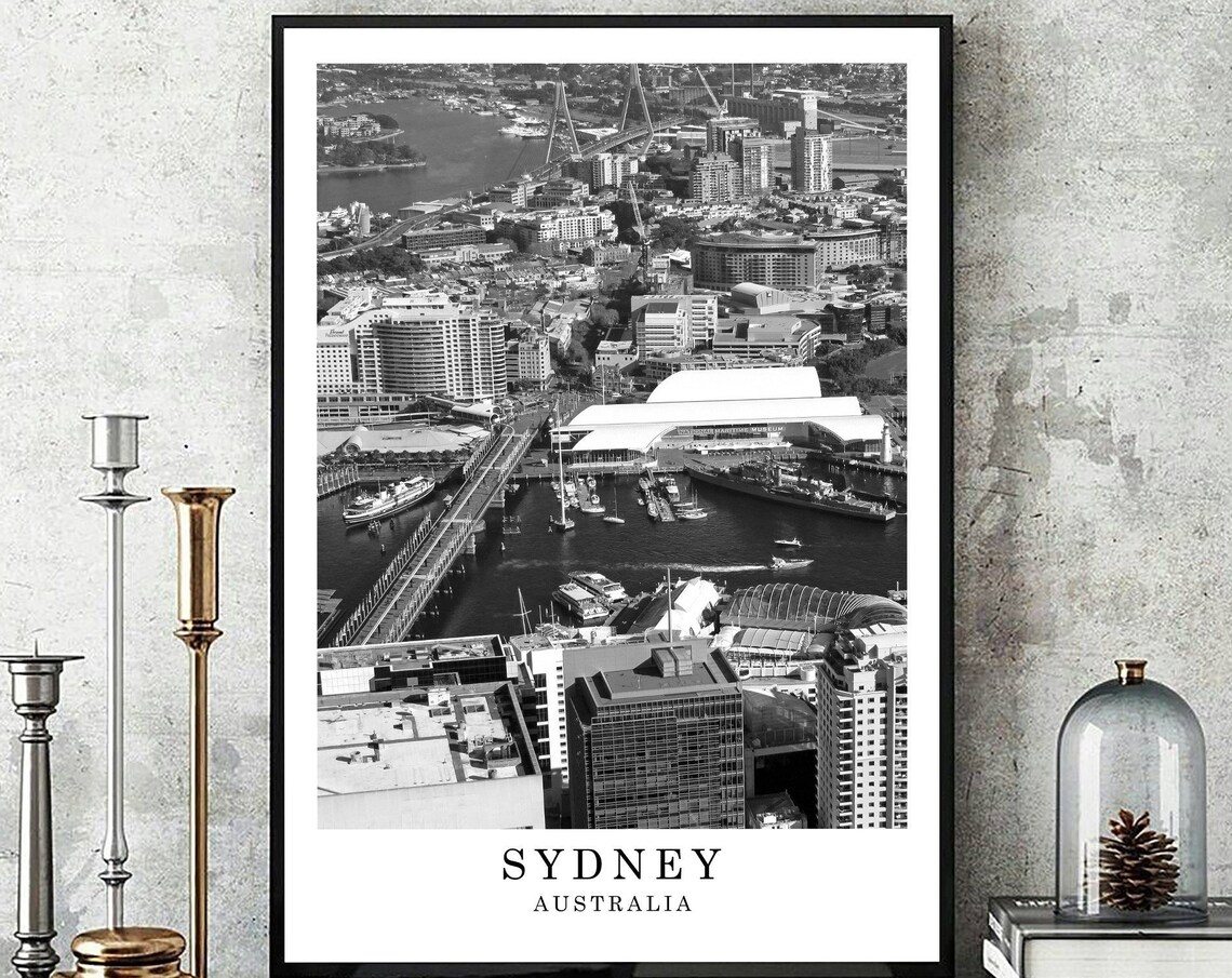 Sydney Australia Harbor Aerial View Black And White Travel Poster