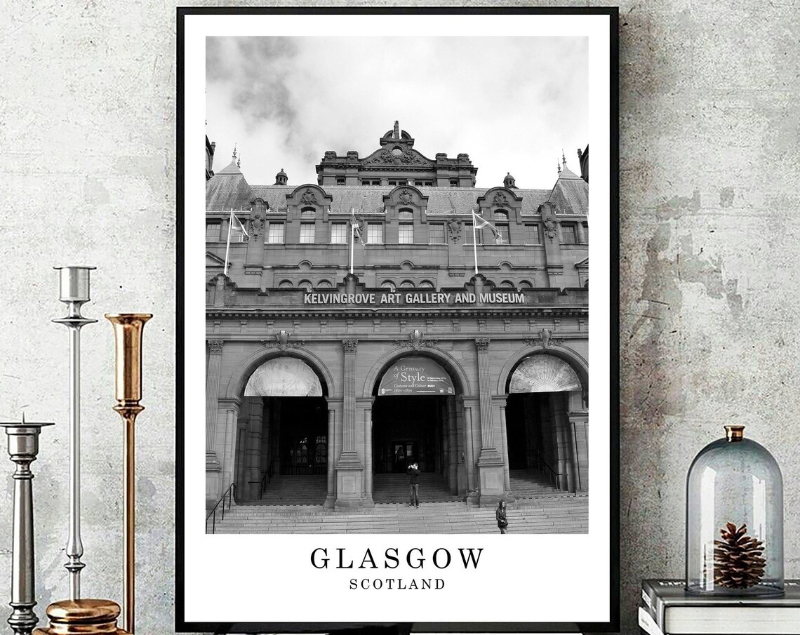 Glasgow Scotland Kelvingrove Art Gallery Black and White Travel Poster