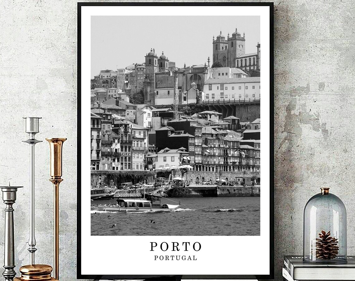 Porto Portugal Douro Riverside Old Town Black and White Travel Poster