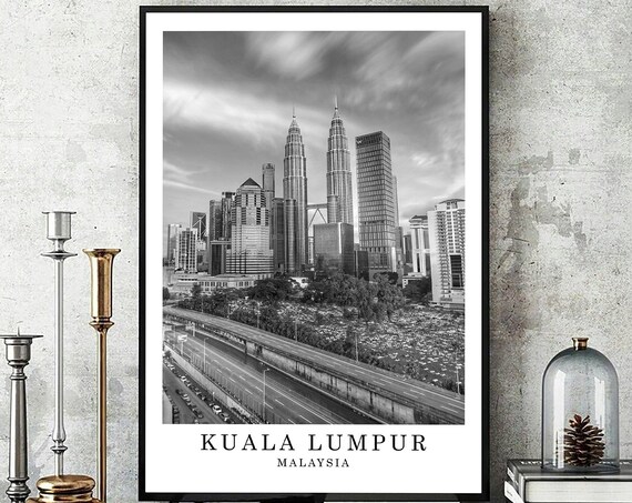 Kuala Lumpur Petronas Towers Skyline Black And White Travel Poster