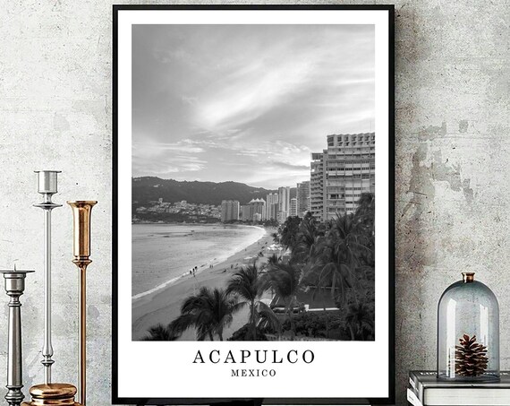 Acapulco Print Black White Photo City Landmark Coordinates Poster Mexico Travel Wall Art Decor