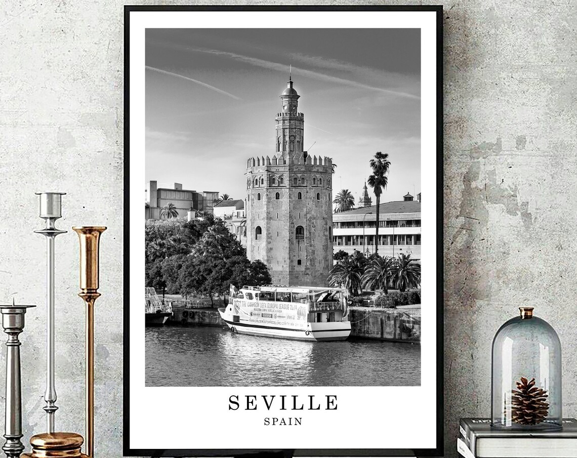 Seville Spain Torre Del Oro River Boat Black White Photo Poster