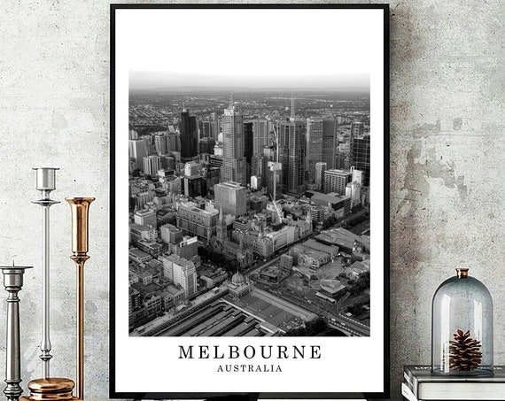 Melbourne Australia Travel Print Black And White Photo Wall Art City Landmark Gift Poster