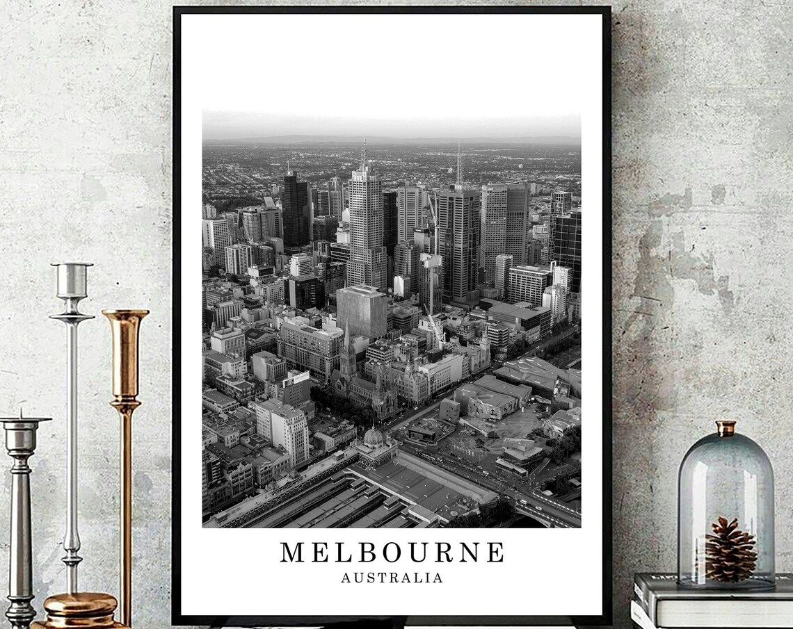Melbourne Australia City Skyline Aerial View Black White Travel Poster