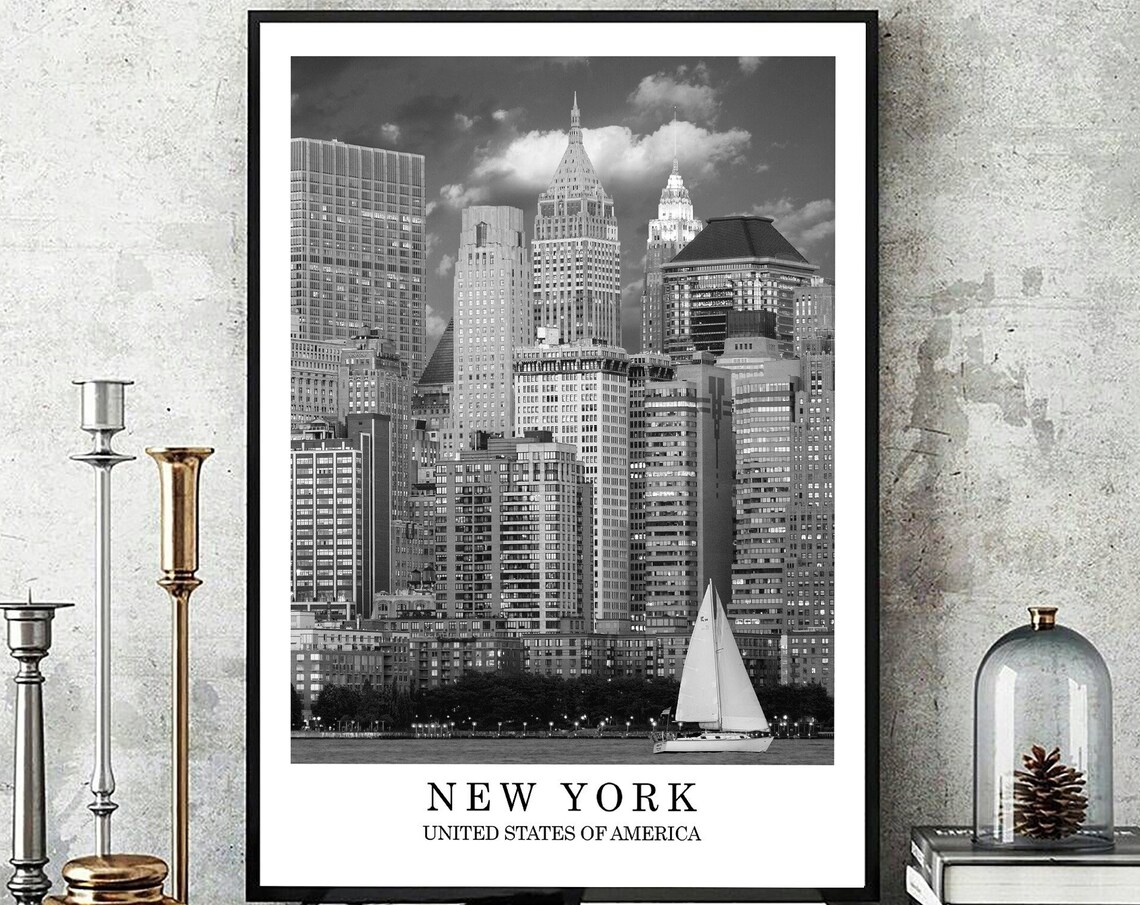 New York City Manhattan Skyline Sailboat Black and White Travel Poster