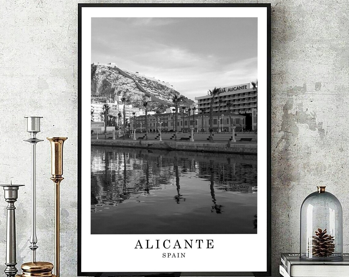 Alicante Spain Harbour Santa Barbara Castle Black White Photo Poster