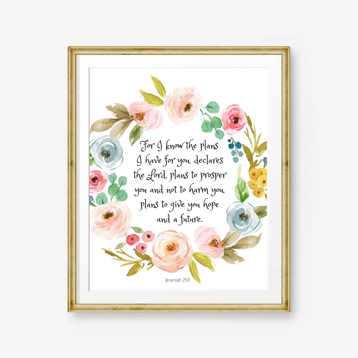 Jeremiah 2911 Watercolor Floral Wreath Bible Verse Scripture Poster