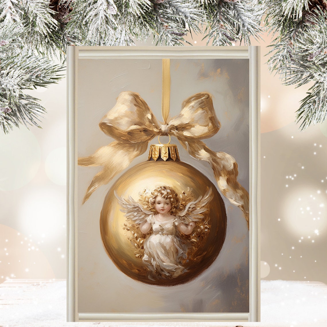 Golden Angel Christmas Bauble Silk Ribbon Bow Ornament Poster