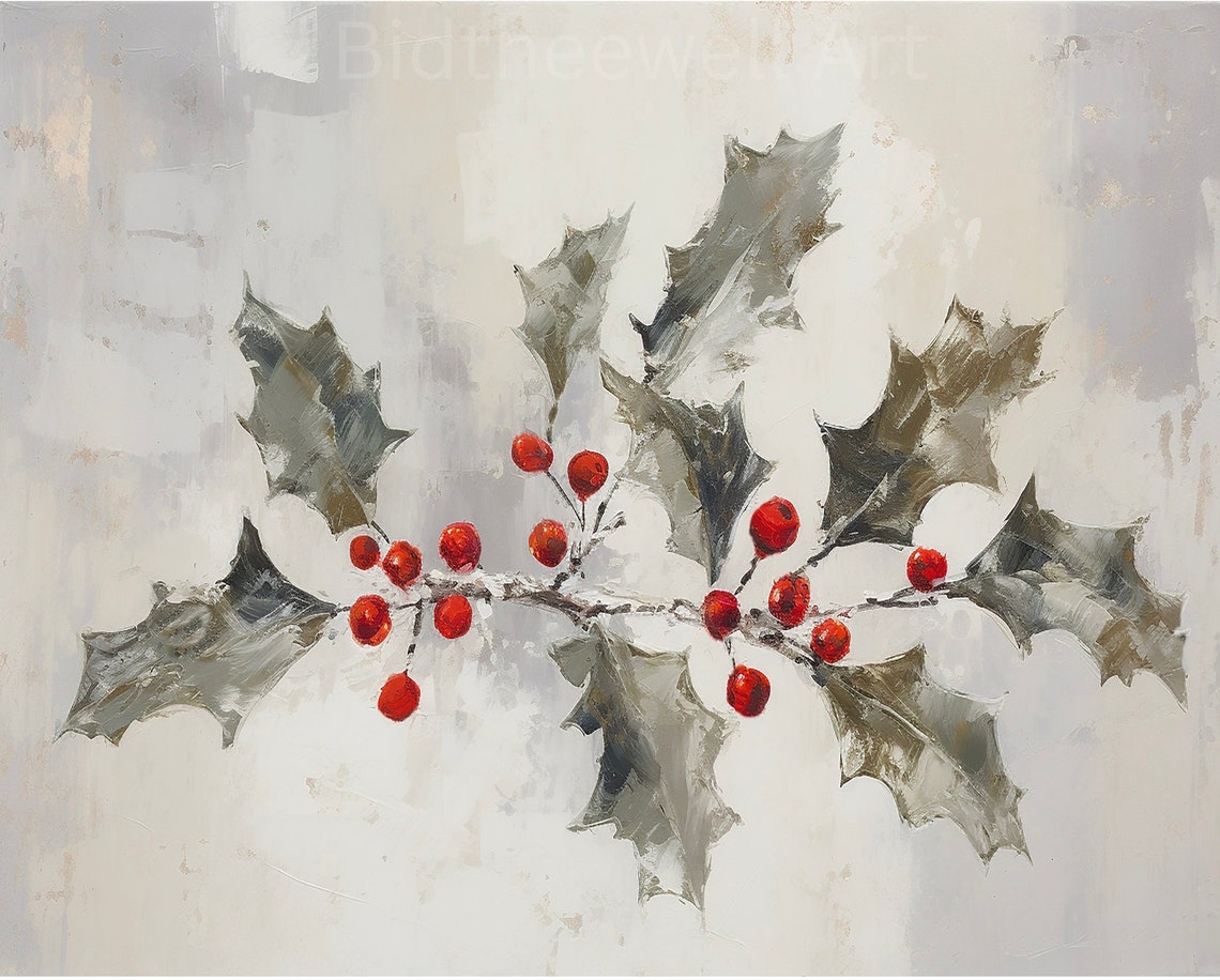 Winter Holly Branch Red Berries Neutral Canvas Still Life Poster - Image 2