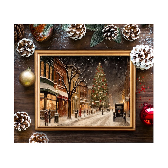 Snowy Christmas Main Street Tree Vintage Night Town Scene Poster