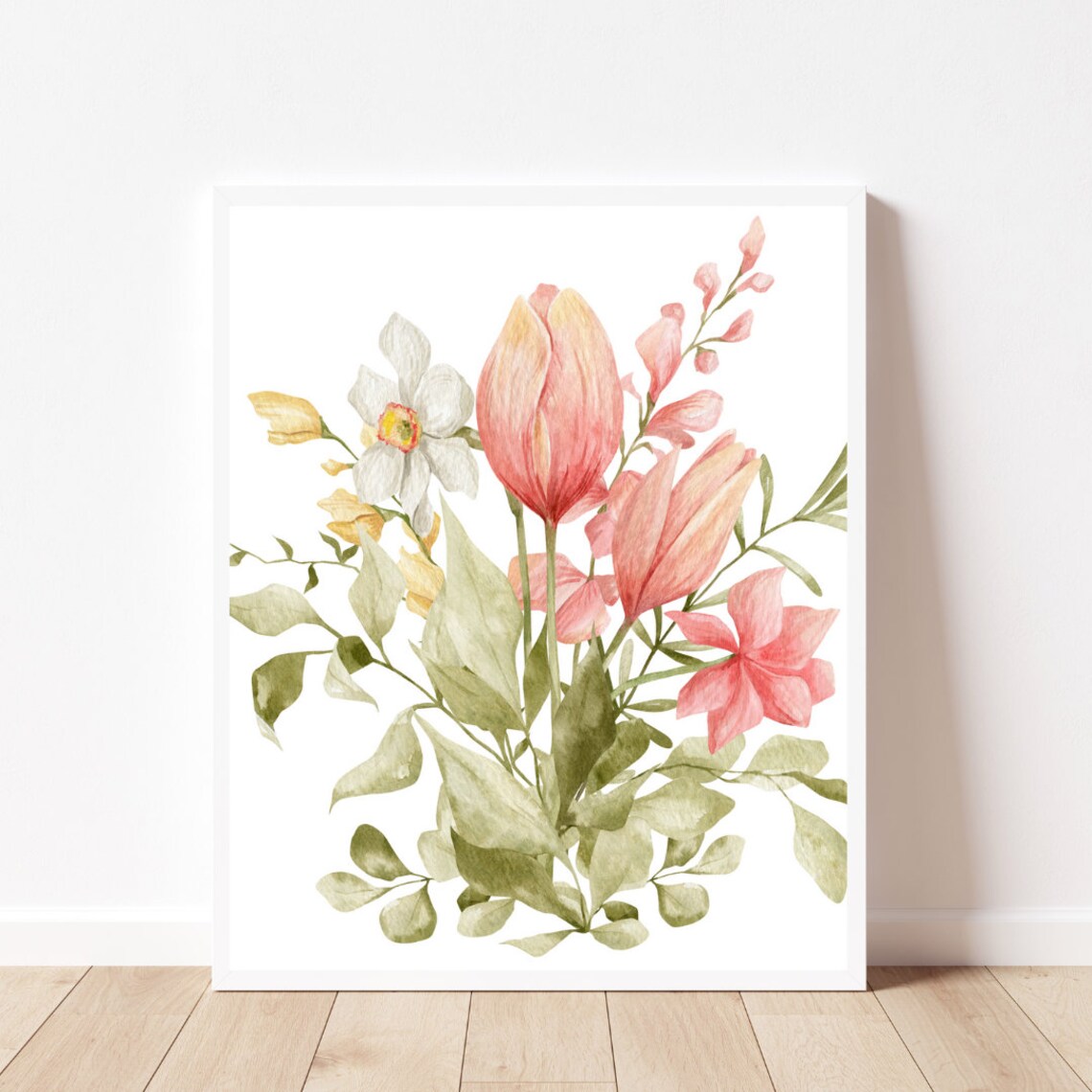 Watercolor Spring Flower Bouquet Tulips Daffodil Art Home Poster - Image 2