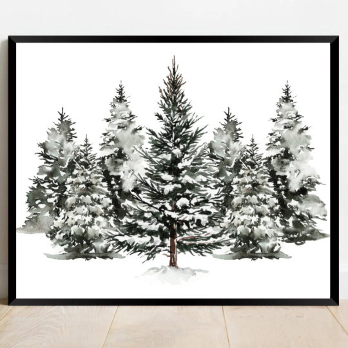 Snowy Pine Trees Black and White Watercolor Winter Forest Art Poster
