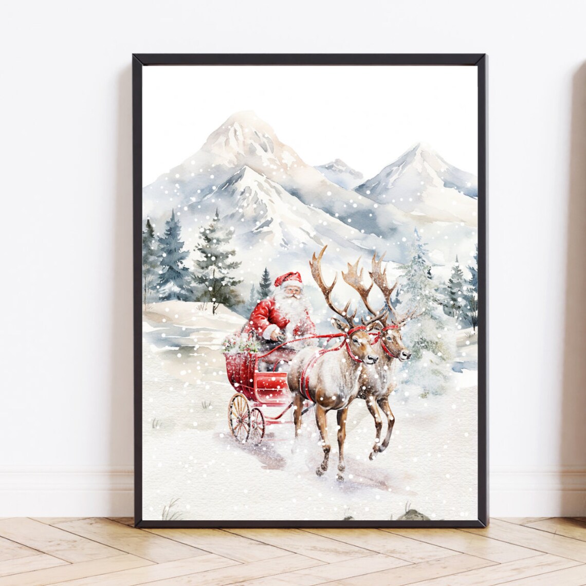 Santa Reindeer Sleigh Vintage Christmas Art Print