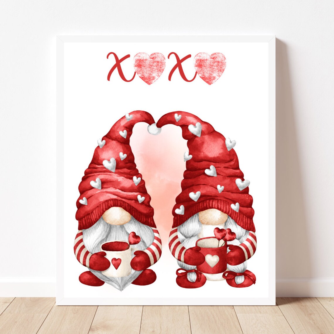 XOXO Valentines Day Two Cute Red Gnomes Watercolor Love Poster