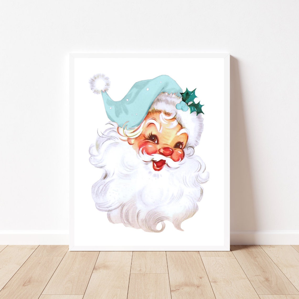 Vintage Santa Face Retro Christmas Poster With Teal Blue Hat - Image 2
