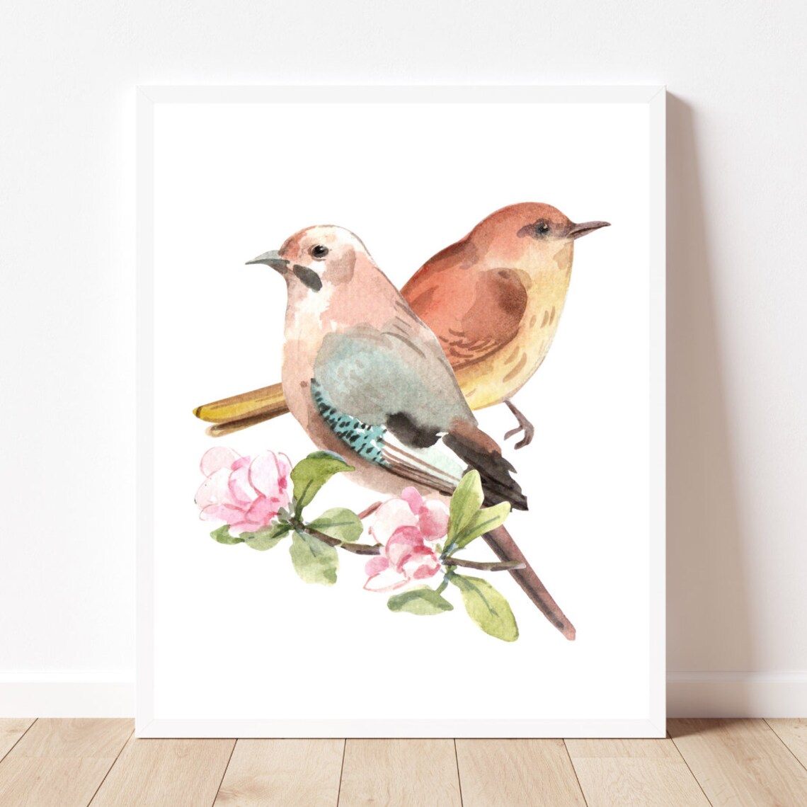 Watercolor Birds Branch Pink Blossom Spring Songbird Art Poster - Image 2