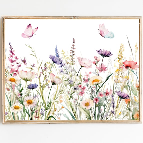 Watercolor Wildflower Meadow Butterflies Daisy Landscape Poster