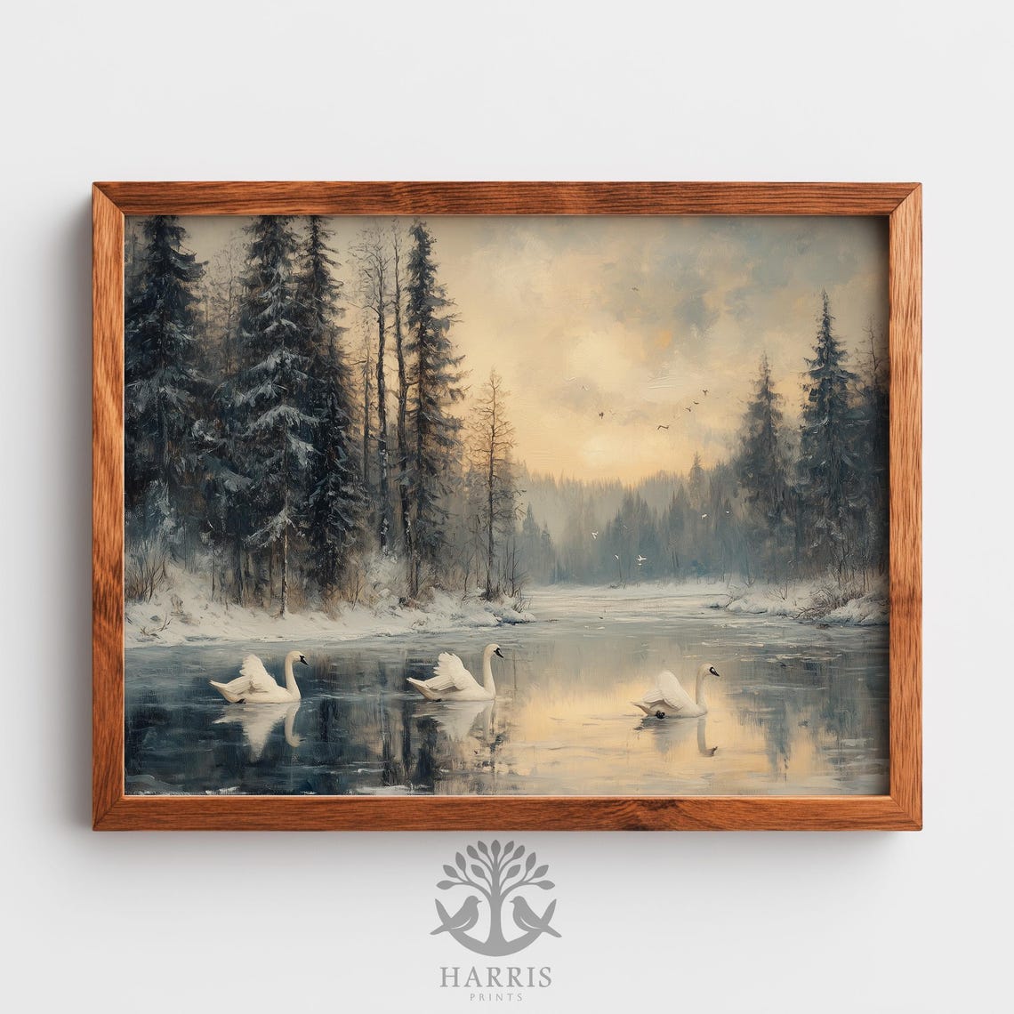 Three White Swans Frozen Lake Winter Forest Landscape Painting Poster