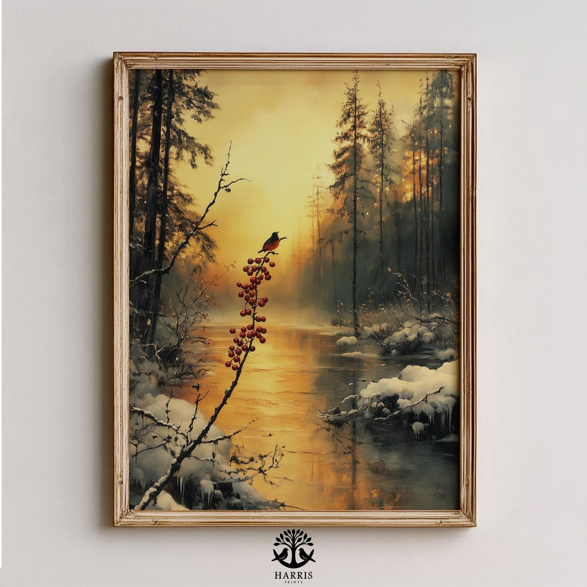 Songbird on Red Berries Winter Stream Golden Sunset Art Print