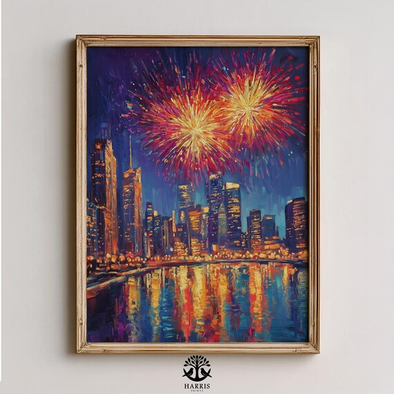Moody Cityscape Fireworks Festive Night City Skyline Vibrant Urban Scene Bold River Reflection 386