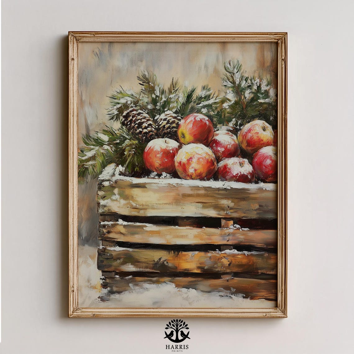 Rustic Wooden Crate Apples Snow Pine Cones Oil Painting Poster