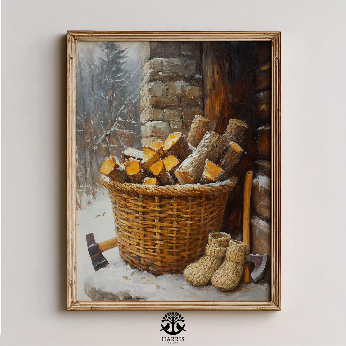 Winter Firewood Basket In Snow Rustic Cabin Scene Cozy Lodge Poster