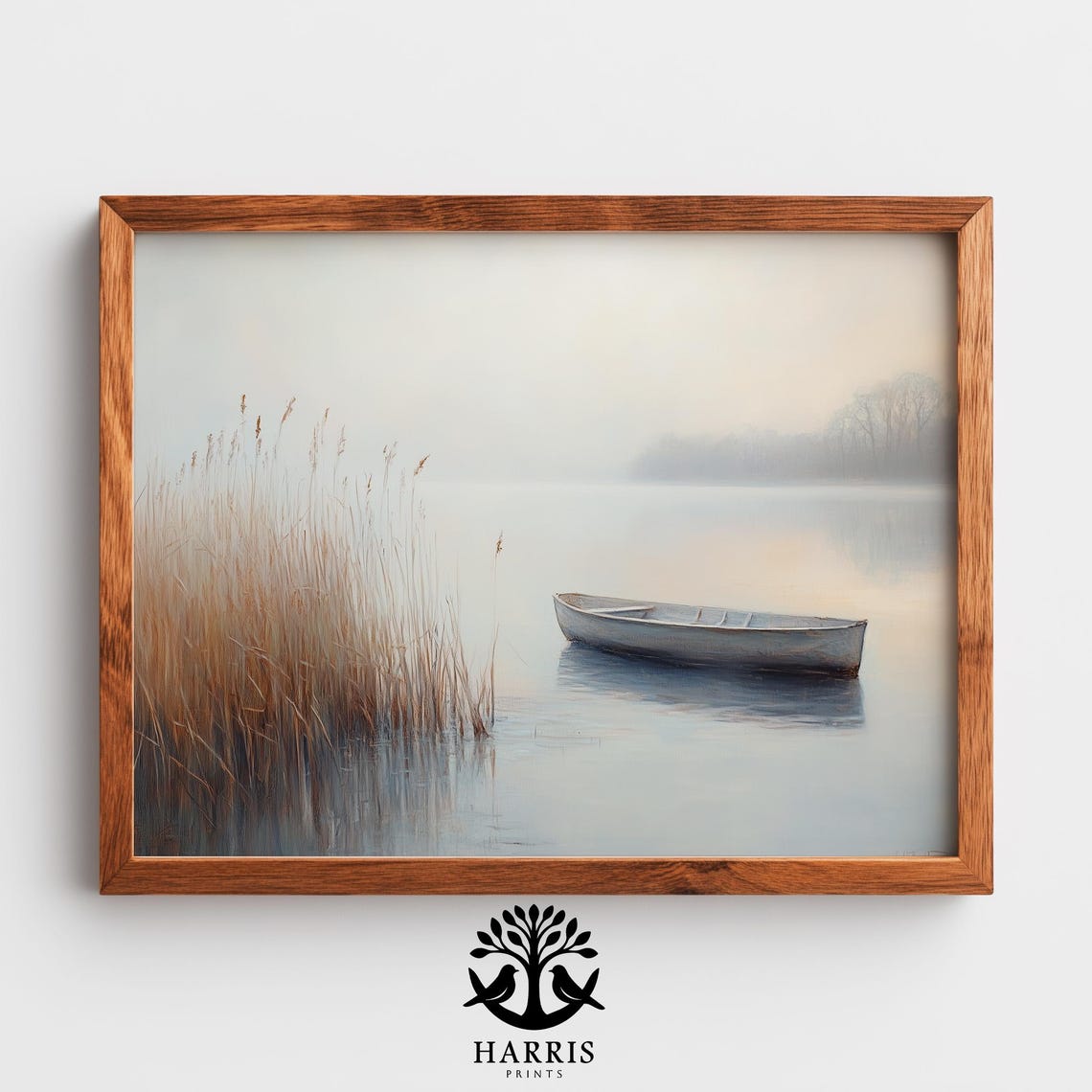 Moody Lakeshore With Rowboat Serene Misty Scene Minimalist Soft Landscape Art Neutral Wall Decor Instant 319