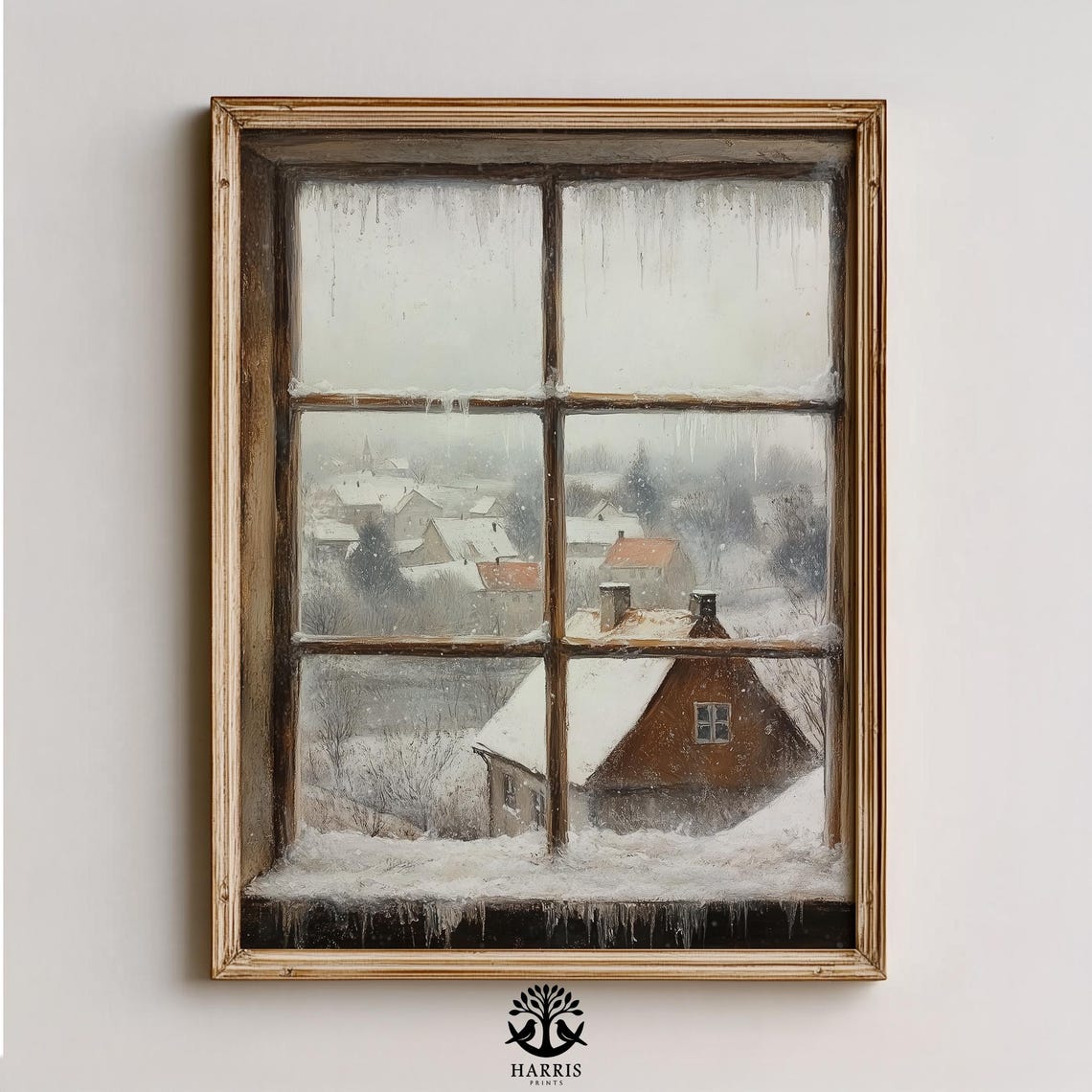 Winter Village Through Frosted Window Cozy Snowy Scene Print