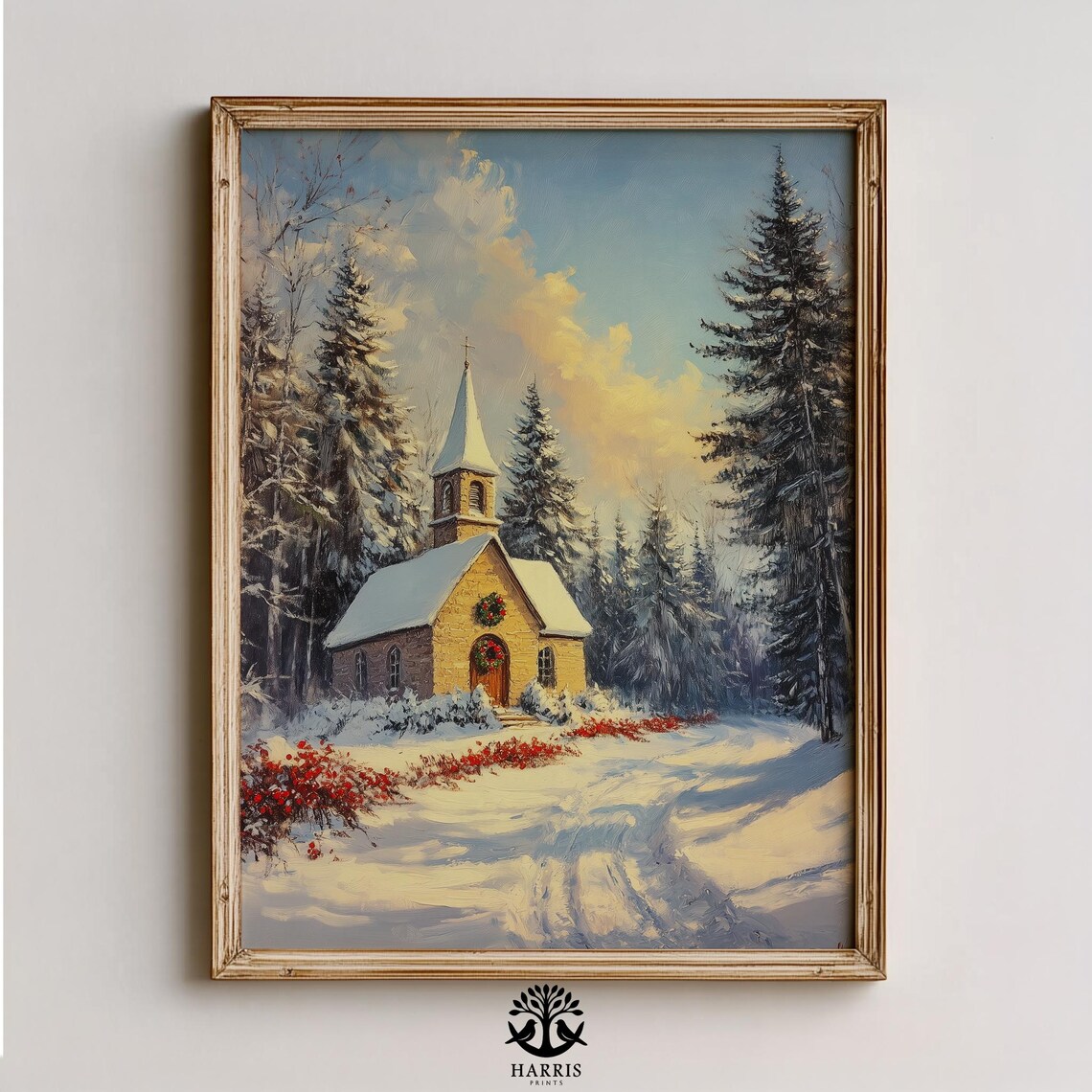 Winter Chapel Snowy Stone Church Wreaths Festive Vintage Art Poster