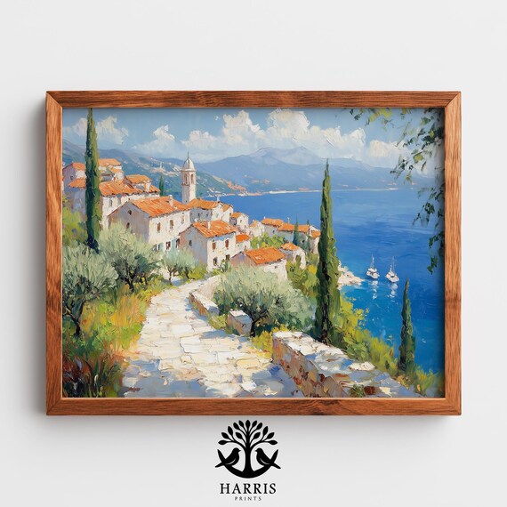 Mediterranean Coastal Village Church Tower Oil Painting Wall Art