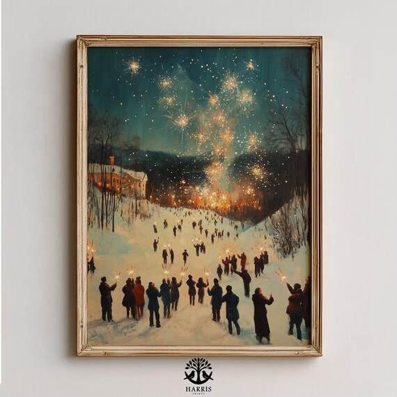 Moody Winter Festive Park Scene Vintage Holiday Cozy Night Gathering Sparkling Crowds Starry Sky Wall Art 443