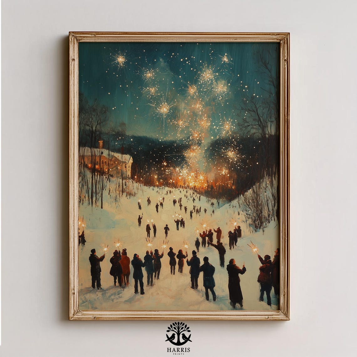 Winter Sparkler Night Gathering Snowy Park Starry Sky Holiday Poster