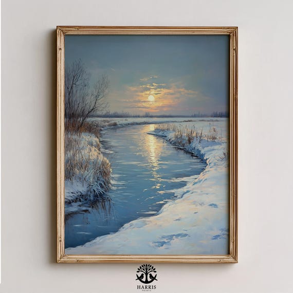Moody Winter River Landscape Vintage Cold Season Scene Serene Snowcovered Oil Painting Quiet Nature Decor Art 476